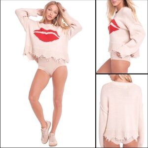Wildfox Luna First Kiss sweater in seashell pink cotton with frayed hems